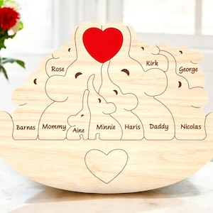 Custom Engraved Wooden Elephant Family Puzzle, Personalized Wooden Elephant Gift for Dad, Custom Animal Decor, Family Name Puzzle Heart