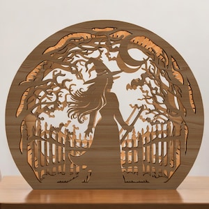 Insegna da parete "Strega di Halloween" / Arte in legno tagliata al laser con alberi spettrali e pipistrelli / Decorazione autunnale a strati per la casa infestata o per feste