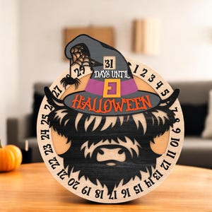 Halloween Countdown Calendar Sign | Highland Cow Witch Hat Wooden Tracker | Spooky Fall Decor for Kids & Families