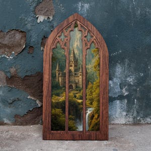 Decorazione per vetrata in stile castello gotico, decorazione murale a strati in legno tagliato al laser, paesaggio fantasy su tela, arredamento medievale per la casa, cornice da tavolo, idea regalo unica