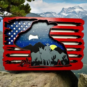 3D meerlaagse cowboy Amerikaanse vlag lasergesneden SVG, 6-laags kunstwerk voor Glowforge