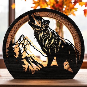 Lanterna fai da te con lupo che ulula / Scatola luminosa in legno con tema montagna selvaggia / Decorazione in MDF multistrato tagliato al laser / Kit per lavoretti a forma di animale rustico