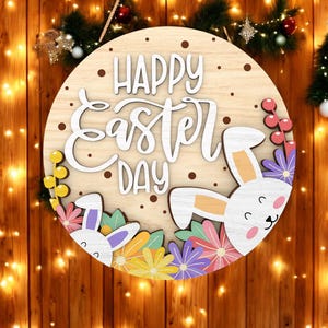 Easter Door Hanger | Happy Easter Front Door Decor | Easter Front Door Wreath | Bunny and Floral Spring Wooden Decor