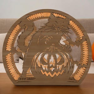 Cartello in legno con gatto nero e Jack-o&#39;- di Halloween / Decorazione murale in legno con gatto e zucca spaventosa tagliata al laser / Decorazione a più strati con gatto spettrale per l&#39;autunno