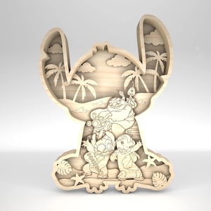 Wielowarstwowa 3D słodka scena kosmitów SVG, sztuka sceny plażowej, 10-warstwowy element sztuki dla Glowforge