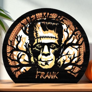 DIY Halloween Frankenstein Lantern | Wooden Light Box with Stitched Monster Face & Tree Silhouettes | Creepy 3D Tabletop Decor | Spooky Lamp