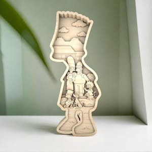 3D Cartoon Family Laminated MDF Wood Art – Laser Cut Funny Scene With Family, Dog, House As Decoration Gift