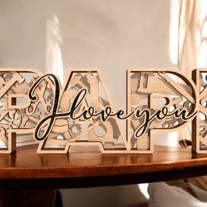 Placa de madeira "Eu te amo" do papai, presente de MDF cortado a laser para o vovô ou papai, decoração de prateleira para o dia dos pais para o papai, bloco de letras com tema de ferramentas