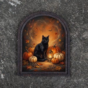 May include: An arched wall art piece featuring a black cat sitting among orange pumpkins and a glowing lantern. The scene is set against a warm, swirling amber background filled with scattered autumn leaves and a few small bat silhouettes.