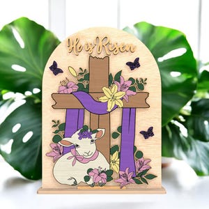 He is Risen Decorated with Cross, Religion, Christianity, Christian Easter Table Sign, Faith-Based Spring Display