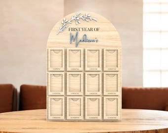 Personalized Baby First Year Photo Frame | Minimalist Monthly Milestone Board | 12 Slot Wooden Picture Holder for Boys and Girls