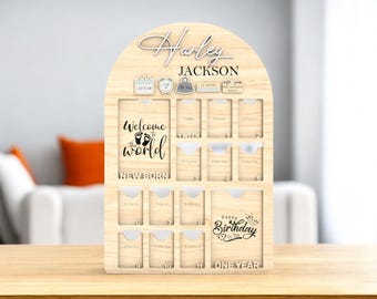 Personalized Baby First Year Photo Frame | Monthly Milestone Board with Name and Birth Info | Neutral Newborn Gift Keepsake