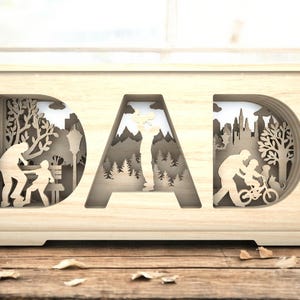 Letrero de madera para papá con siluetas en capas, regalo para el Día del Padre de los niños, letras de MDF cortadas con láser, decoración para papá e hijo, regalo rústico para él.