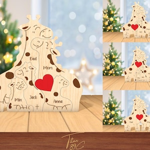 Personalized Giraffe Family Sign – MDF Wooden Safari Decor | Custom Name Family Gift for Mom & Dad | Cute Animal Heart Plaque