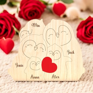 Penguin Family Puzzle Home Decor, Penguin 30 Year Anniversary Gift for Parents, Cute Penguin Family Pebble, Family Animal Decor Name & Heart