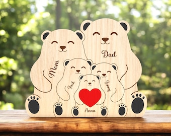 Personalized Wooden Bear Family Puzzle, Baby puzzle, Family Name, Custom Animal Decor for Dad or Mom, Wooden Family Sign with Heart