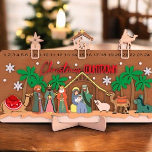 Colorful Nativity Countdown Sign, Christmas Countdown Calendar with Holy Family, Multilayer Wooden Advent Decor, Religious Holiday Display
