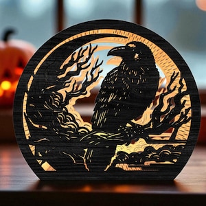 DIY Halloween Laterne | Rabe auf Ast mit Mond und Wolken Light Box | 3D Krähe Schattenbox aus Holz | Gruseliges Gothic Nachtlicht
