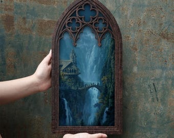 Vintage Fantasy Landscape Wall Art | Gothic Window Frame | 4 Layer Laser Cut Wood Canvas | Elven Realm Decor | Gamer Gift | Wall Desk Art