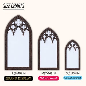 May include: Three arched window-style wall mirrors with dark brown frames and gothic-inspired tracery at the top. Sizes are labeled as L 9x18 inches, M 7x14 inches, and S 5x10 inches. Text includes SIZE CHARTS, GRAND DISPLAY, Most Loved, and Cute&Compact.