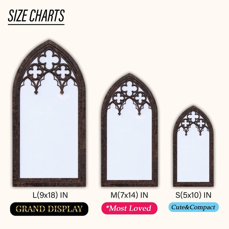 May include: Three arched window-style wall mirrors with dark brown frames and gothic-inspired tracery at the top. Sizes are labeled as L 9x18 inches, M 7x14 inches, and S 5x10 inches. Text includes SIZE CHARTS, GRAND DISPLAY, Most Loved, and Cute&Compact.