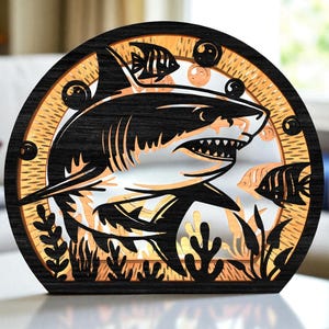 DIY Shark Lantern | Layered Ocean Predator Night Light Box | Wooden Sea Life Cutout Lamp | Marine Animal Decor for Tabletopf