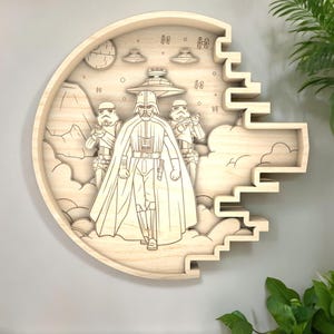 Laminated wood space villain, 3D cartoon character decoration, laser cut galaxy wood art for kids room, children‘s room, unique gift idea