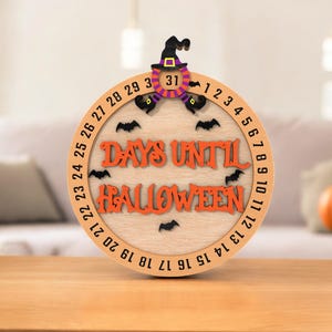 Halloween Countdown Calendar | Witch Hat Days Until Halloween Sign | Wooden Bat Countdown Wheel | Spooky Season Table Decor