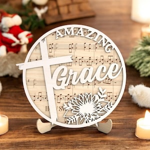 Amazing Grace, Wood Framed Sign, Music Lyrics Sign, Amazing Grace Hymn Wood Sign with Cross and Flower, Religious Sheet Music Decor