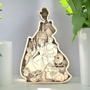 Cartoon-Themed Princess Silhouette Wall Art – Laser-Cut Wooden Fairy Tale Scene – Elegant Home or Kids’ Room Decor