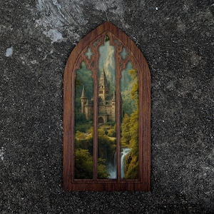 Gothic Castle Window Art, Laser Cut Wood Layered Wall Decor, Fantasy Landscape Canvas, Medieval Home Decor, Tabletop Frame, Unique Gift Idea