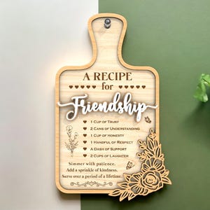 Wandbord met recept voor vriendschap | Lasergegraveerd mdf-snijplankdecor | Hartverwarmend cadeau voor beste vriend(in)