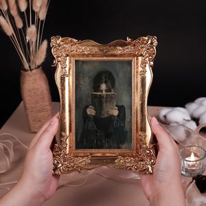 Reading Girl Painting, Dark Academia Art, Book Lover Gift, 7x9 Gold Picture Frame, Vintage 4x6 Photo Frame, Antique Baroque Resin Frame