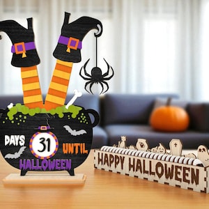 Halloween Countdown Sign | Witch Legs in Cauldron | Wooden Number Swap Countdown with Storage Tray | Fun Halloween Shelf Decor