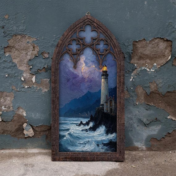 Gothic Lighthouse Wall Art | 3D Wood Frame | Coastal Ocean Canvas Print | Dark Nautical Decor | Vintage Sea Beacon Gift for Sailor Him