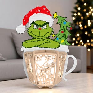 DIY Cartoon Grün Charakter Tasse Laterne | Hölzerner Weihnachtslichtkasten Handwerk | Multilayer MDF Tasse mit Baum | Lustiges Weihnachtsdekor