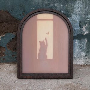 Vintage Cat Wall Art | Arched Wood Frame Print | Minimalist Cat Lover Gift | Playful Kitten Shadow | Cottagecore Room Decor | 3D Laser Cut