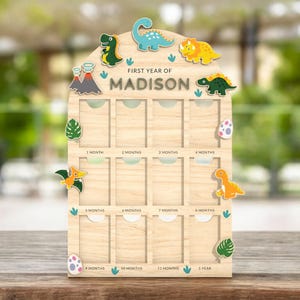 Marco de fotos mensual de dinosaurio para bebé / Tablero de fotos de primer año y 12 meses / Letrero personalizado de hito de dinosaurio / Regalo de recuerdo para bebé niño