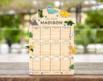 Marco de fotos mensual de dinosaurio para bebé / Tablero de fotos de primer año y 12 meses / Letrero personalizado de hito de dinosaurio / Regalo de recuerdo para bebé niño