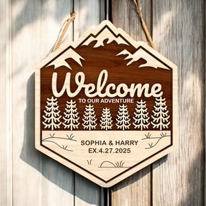Panneau parcs nationaux personnalisé, panneau de mariage personnalisé, nom de famille parc national, panneau en bois découpé au laser forêt de montagne