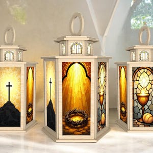 Christian Resurrection Lantern, Easter Light Box,Crown of Thorns Lantern Decor,Cross and Chalice Lamp,Jesus Empty Tomb Stained Glass Lantern
