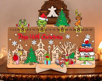 Grinch Christmas Countdown Calendar | Whoville Themed Advent Sign | Funny Holiday Decor for Kids | Laser Cut Xmas Tracker with Sliding Stars