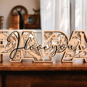 Letrero de madera "Papá te amo", MDF cortado a láser, regalo para papá o abuelo, decoración rústica para estantes con temática de herramientas, bloque de letras de madera para el Día del Padre