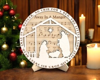Small Wood Nativity Sign | Christmas Sign Decor | Christmas Sign | Away In A Manger Nativity Wood Sign | Hymn Sheet Religious Wall Art
