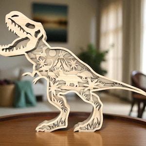 Wooden Dinosaurs Carvings | 3D Natural Animal | Dinosaur Shelf Decor | Laser Cut T-Rex Jungle Silhouette Wood Sign