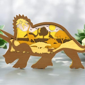 Wooden Dinosaurs Carvings, 3D Natural Animal Decoration, Wooden Dinosaur Scene, Prehistoric Animal Gift for Boys, Multilayer Wooden Decor
