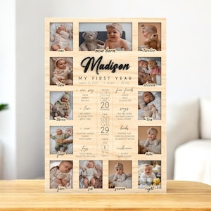 Tablero de fotos personalizado para el primer año del bebé / Marco de fotos para el hito de los 12 meses / Letrero de memoria con estadísticas del bebé personalizado / Regalo para recién nacidos hasta el primer año