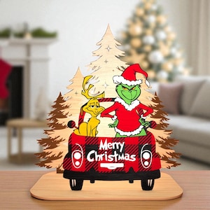 Letrero navideño de pie / Camión a cuadros rojos con reno de dibujos animados y personaje verde / Decoración navideña de mesa / Estante navideño gruñón