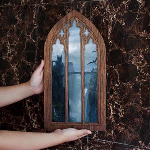 Decoración de pared de castillo de fantasía / Decoración de dragón / Marco de ventana gótico / Lienzo de madera cortado con láser de 4 capas / Decoración única para el hogar / Arte para escritorio o pared