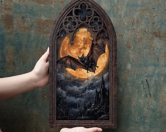 Vintage Bat Wall Art | Full Moon Gothic Window Frame | 4 Layer Laser Cut Wood Canvas | Spooky Halloween Decor | Vampire Gift | Desk Wall